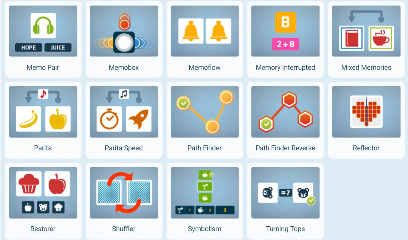 NeuroNation brain training interface with multiple game options